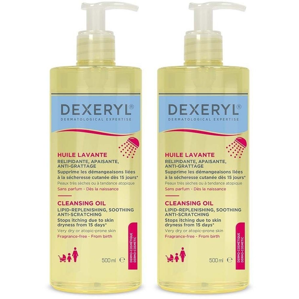 Zwei Flaschen mit Pumpverschluss. Aufschrift DEXERYL, HUILE LAVANTE. Enthält 500ml. Für trockene Haut. Anti-Juckreiz.