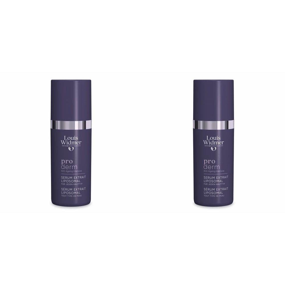 Zwei Flaschen Louis Widmer proderm Serum Extrait Liposomal. Lila Flaschen mit silbernen Akzenten und weißer Schrift.