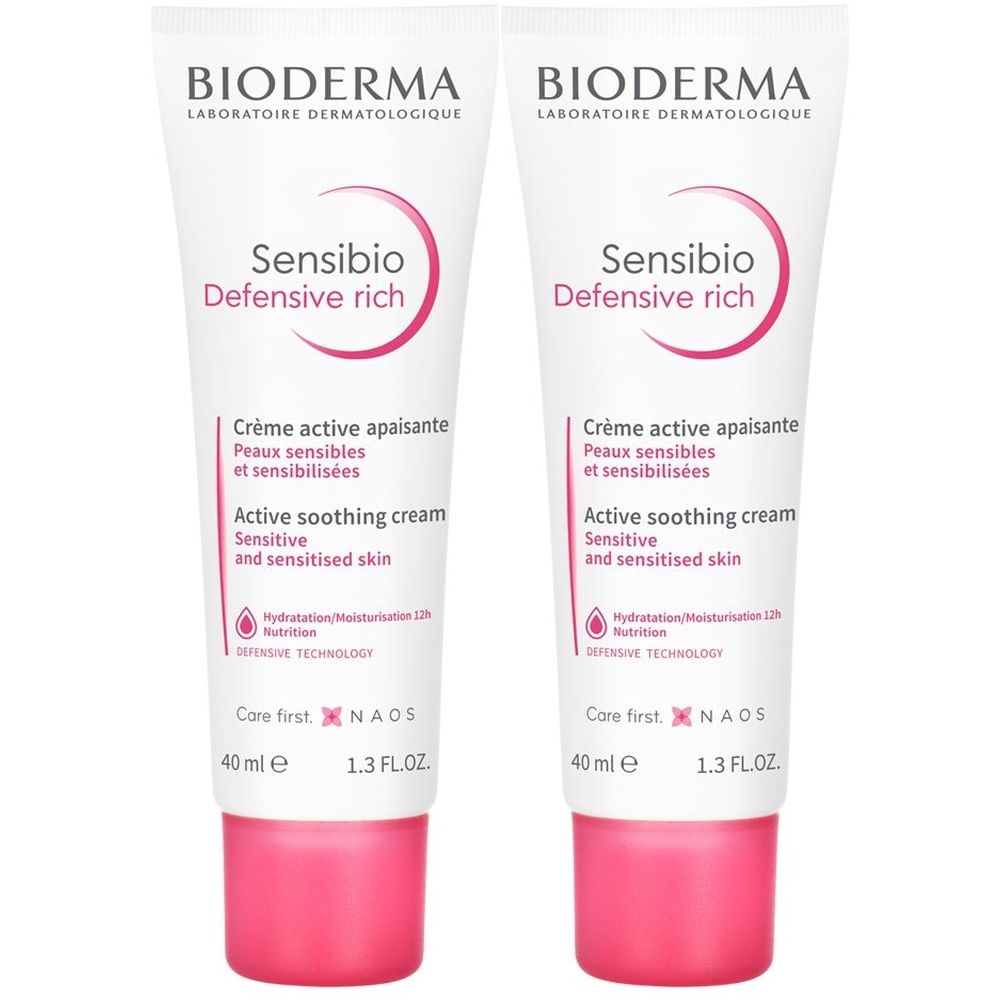 Zwei Tuben BIODERMA Sensibio Defensive rich. Weiße Tuben mit rosa Schrift und Verschluss. Text: Active soothing cream.