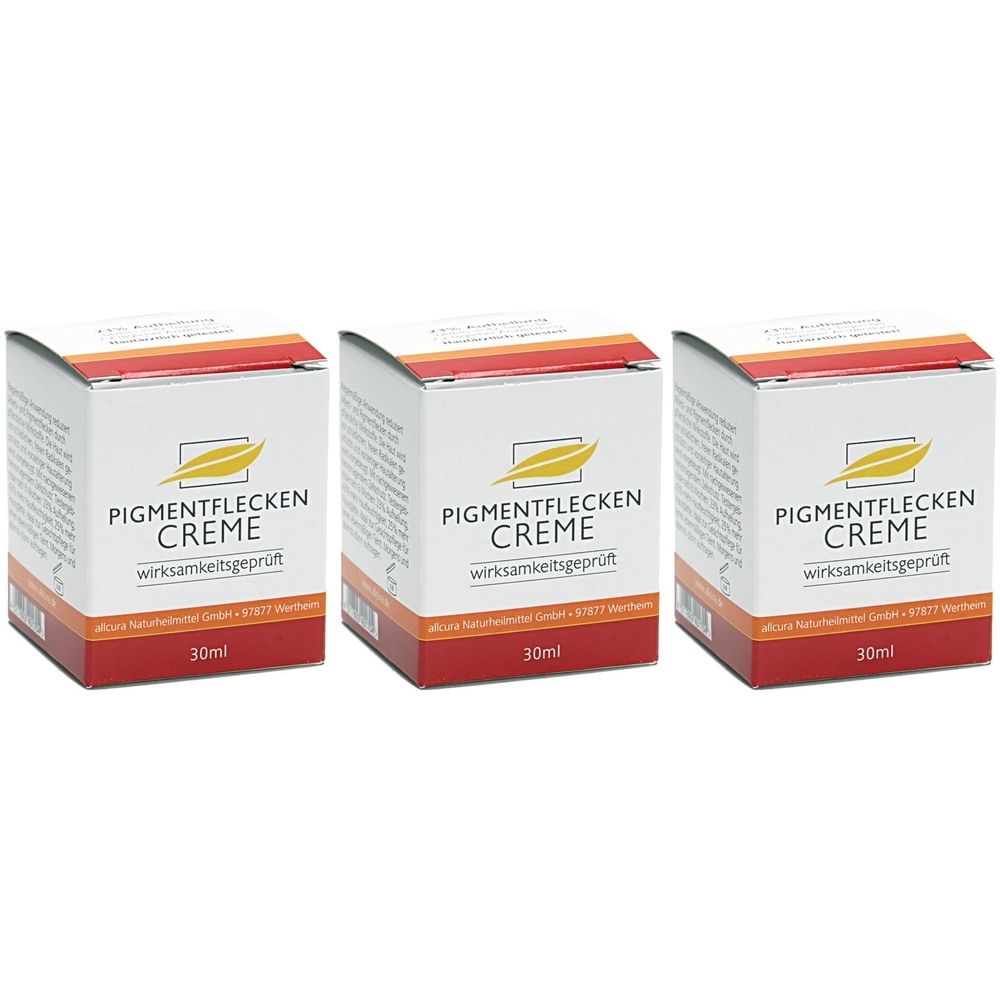 Drei quadratische Faltschachteln mit der Aufschrift "Pigmentflecken Creme". Die Schachteln sind weiß mit rotem und gelbem Akzent.