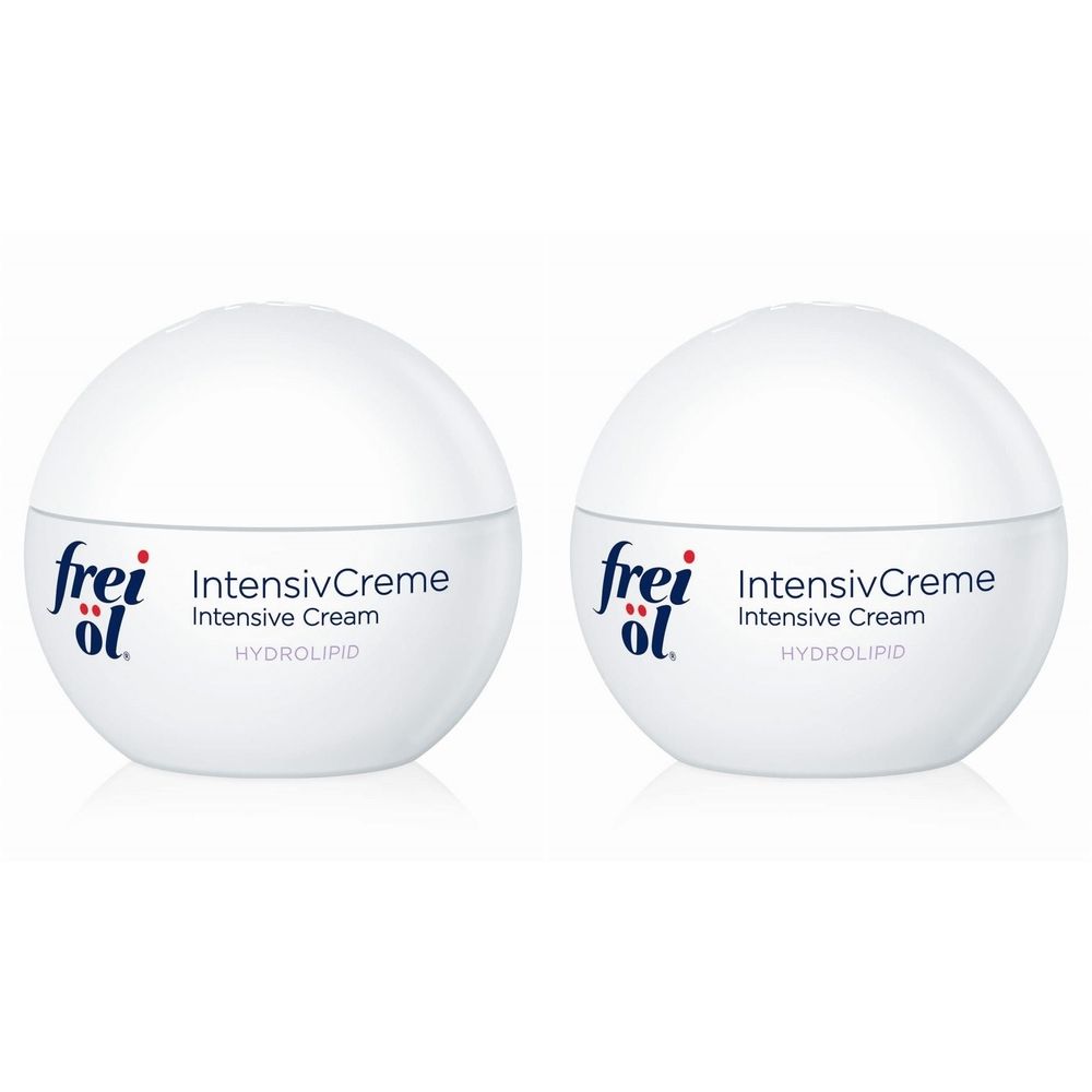 Zwei weiße, runde Tiegel. Auf der Vorderseite steht "frei öl" und "IntensivCreme". Darunter "Intensive Cream" und "HYDROLIPID".