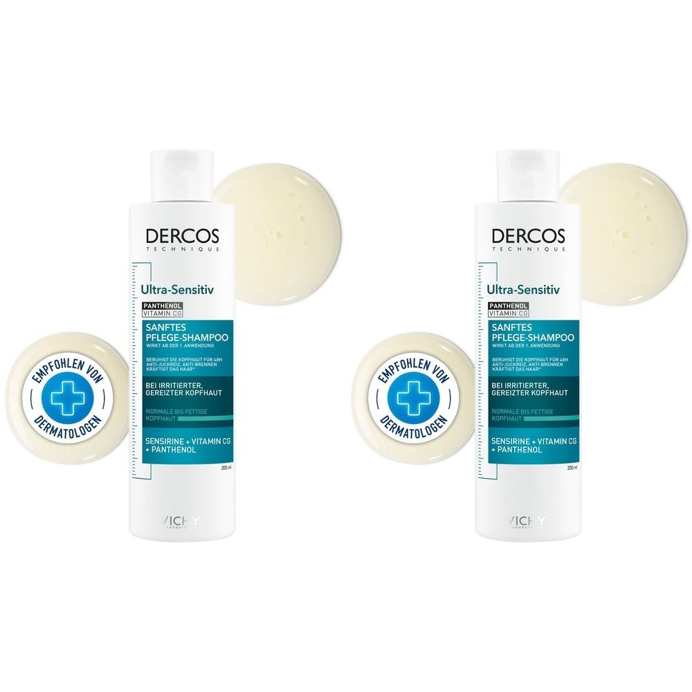 Zwei Flaschen Shampoo mit weißem Etikett. Text: Dercos Ultra-Sensitiv, Sanftes Pflege-Shampoo. Zwei runde Siegel mit Logo.