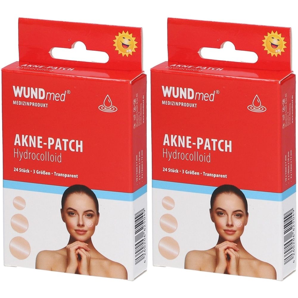 Zwei rote Kartons mit WUNDmed Akne-Patch. Aufdruck: AKNE-PATCH Hydrocolloid, 24 Stück. Abbildung einer Frau mit Patches auf der Haut.
