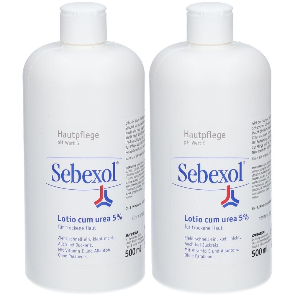 Zwei weiße Flaschen mit weißem Deckel. Aufschrift: Sebexol Lotio cum urea 5%. Text in deutscher Sprache.