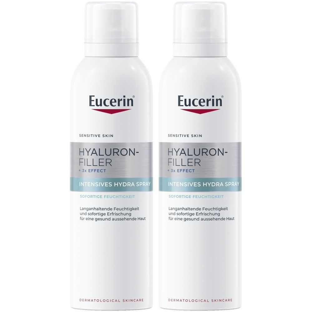 Zwei weiße Sprühflaschen mit blau-grauen Etiketten. Aufschrift: Eucerin, Hyaluron-Filler +3x Effect, Intensives Hydra Spray.