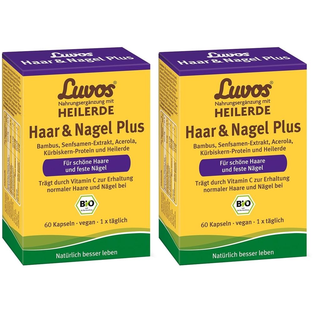 Zwei gelbe Kartons mit Produktnamen und Logo. Aufschrift: Haar & Nagel Plus. Enthält 60 Kapseln. Mit Bio-Siegel.