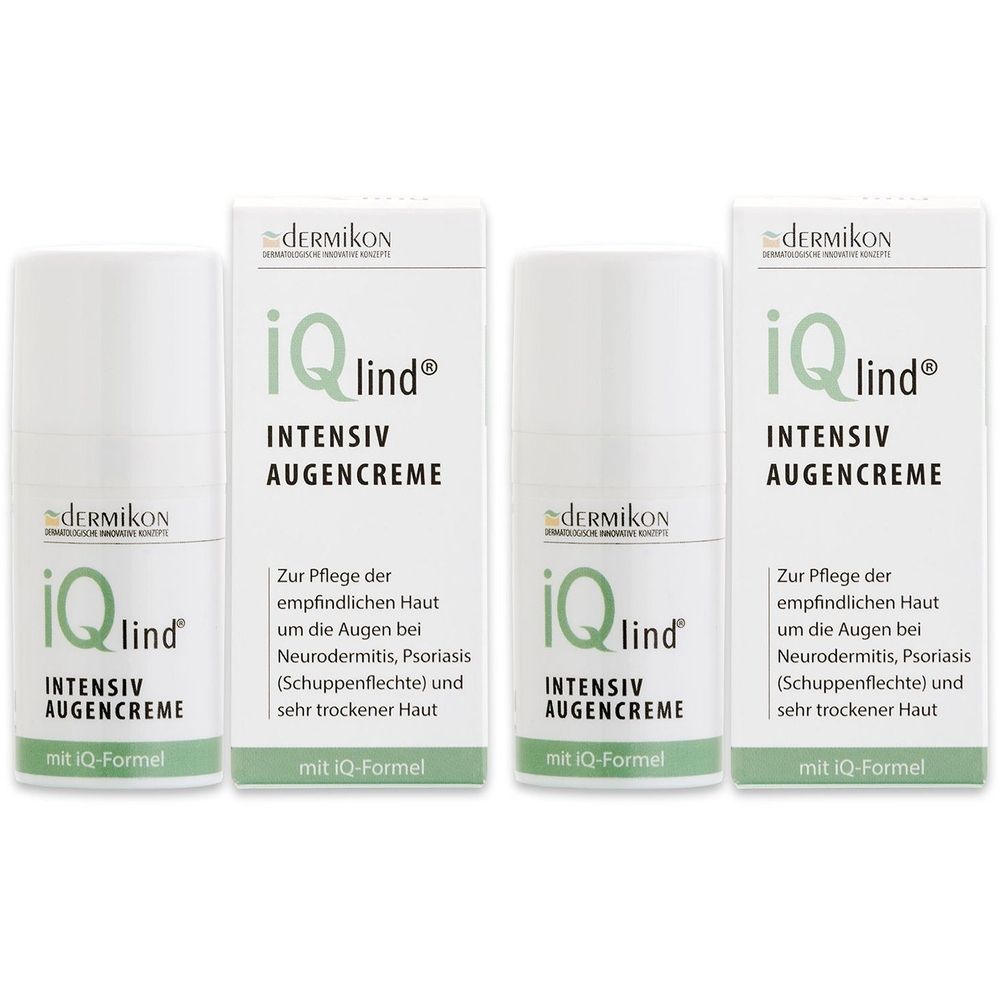 Vier weiße Cremetuben und -verpackungen. Auf den Verpackungen steht "iQlind Intensiv Augencreme" und "dermikon".