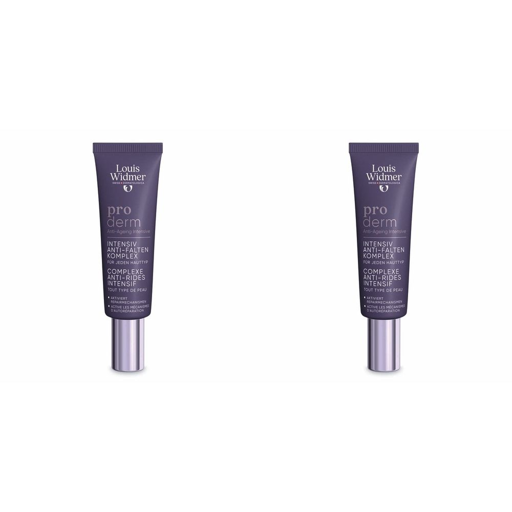 Zwei Tuben Louis Widmer proderm Intensiv Anti-Falten Komplex. Dunkelviolette Tuben mit silbernen Verschlüssen. Text: pro derm, Intensiv Anti-Falten Komplex.