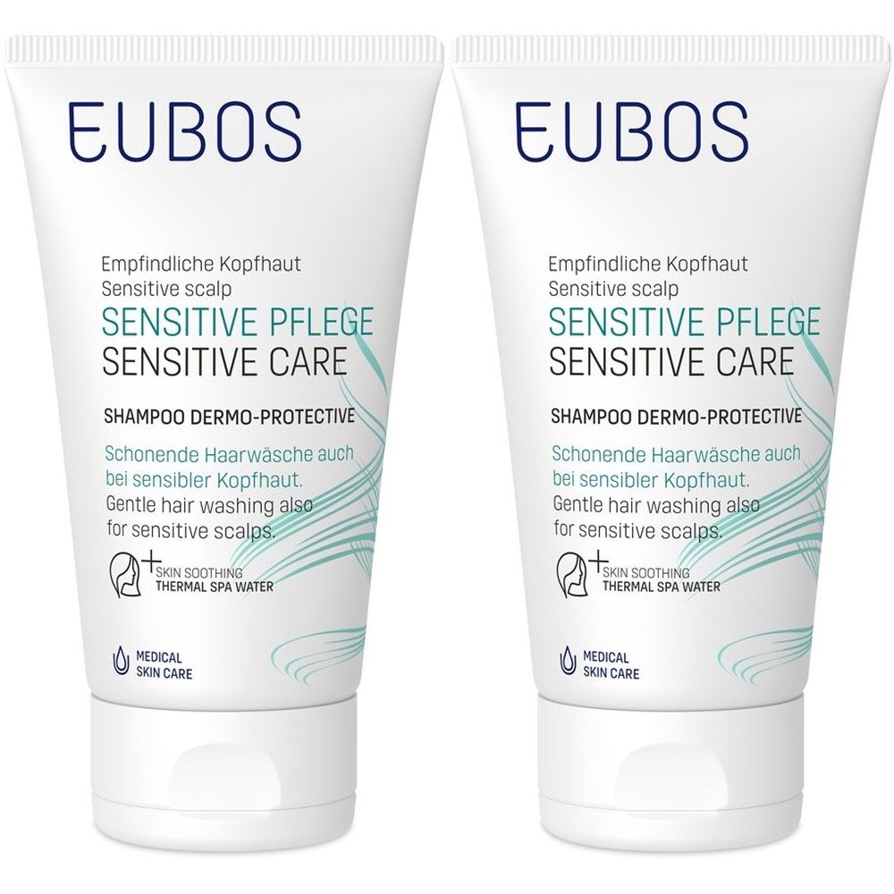 Zwei weiße Tuben mit blauer Schrift. Aufschrift: EUBOS, Sensitive Pflege, Shampoo Dermo-Protective. Für empfindliche Kopfhaut.