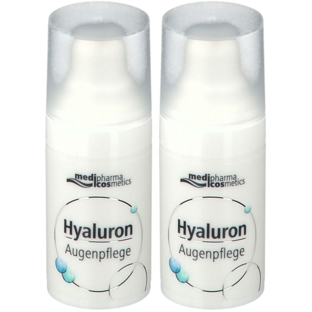 Zwei weiße Flaschen mit transparenten Deckeln. Aufschrift: Hyaluron Augenpflege, medipharma cosmetics.