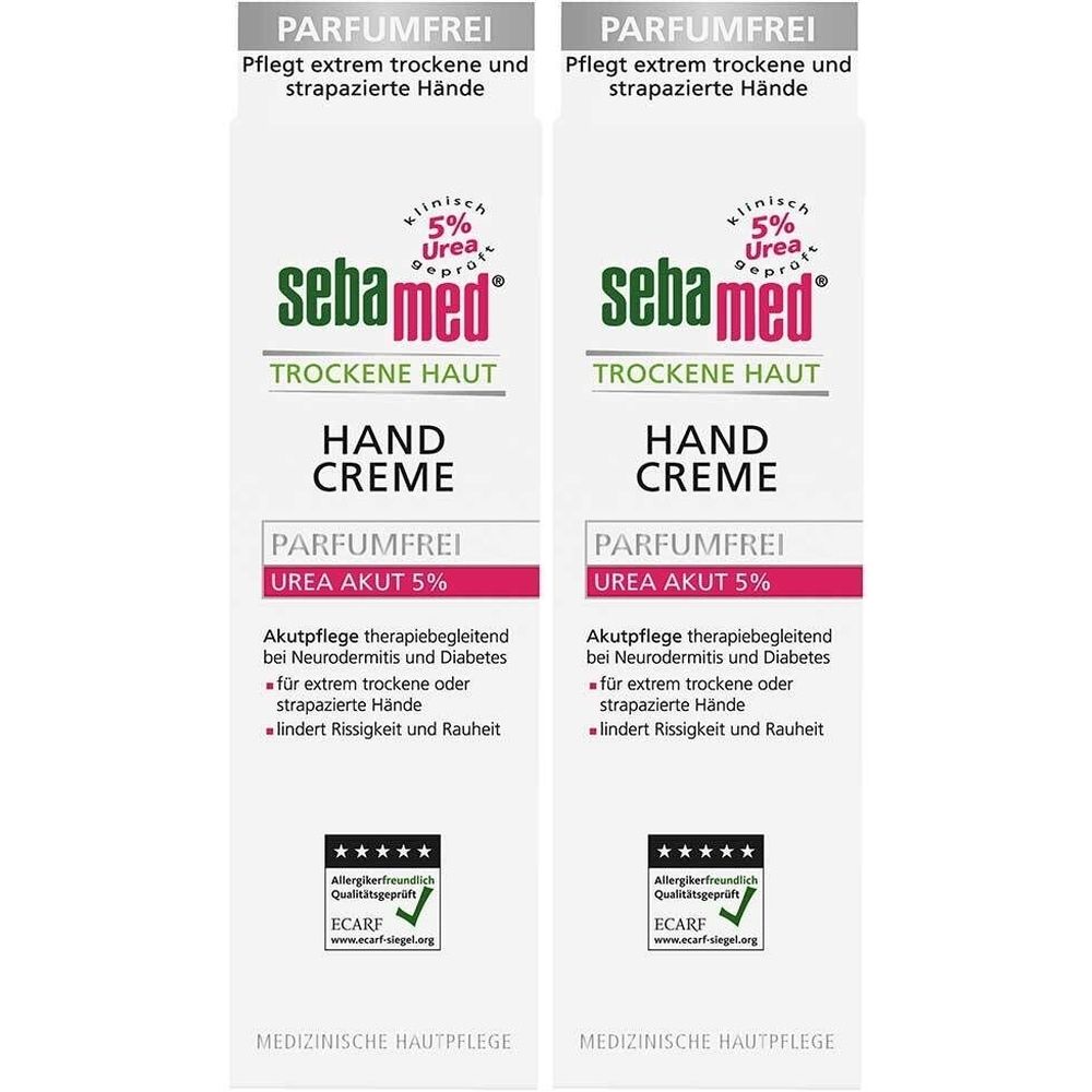 Zwei Tuben Handcreme. Aufschrift: sebamed Trockene Haut Handcreme Parfumfrei Urea 5%. Mit ECARF-Siegel.