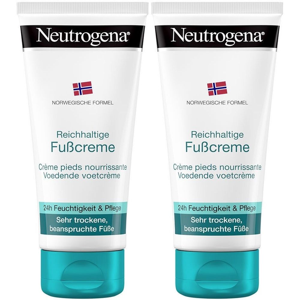 Zwei Tuben Fußcreme. Weiße Tuben mit blauem Verschluss. Aufschrift: Neutrogena, Norwegische Formel, Reichhaltige Fußcreme.