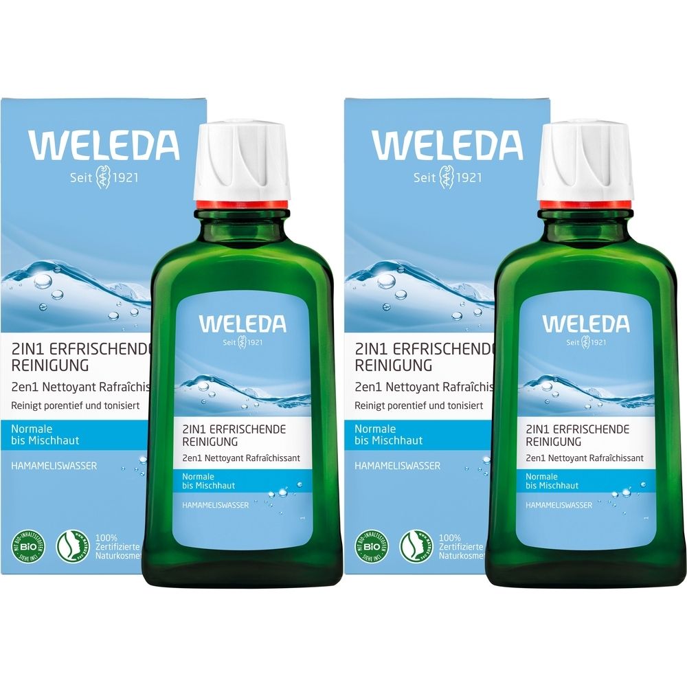 Zwei grüne Flaschen und Verpackungen. Aufschrift: WELEDA, 2in1 Erfrischende Reinigung. Für normale bis Mischhaut.