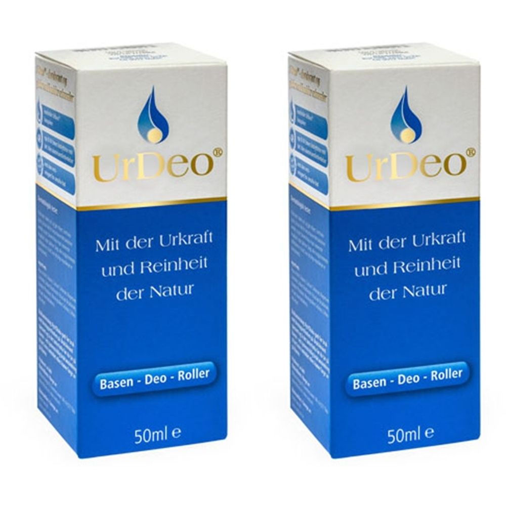 Zwei rechteckige Kartons. Aufschrift: UrDeo, Basen-Deo-Roller, 50ml. Blauer und weißer Hintergrund.
