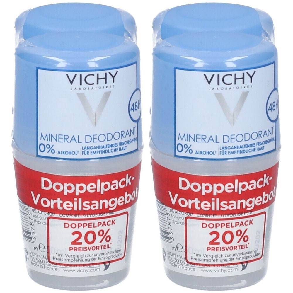 Doppelpack Vichy Mineral Deodorant Roll-On. Zwei Flaschen mit blauem Deckel und weißem Etikett. Aufschrift: Mineral Deodorant, 48h.