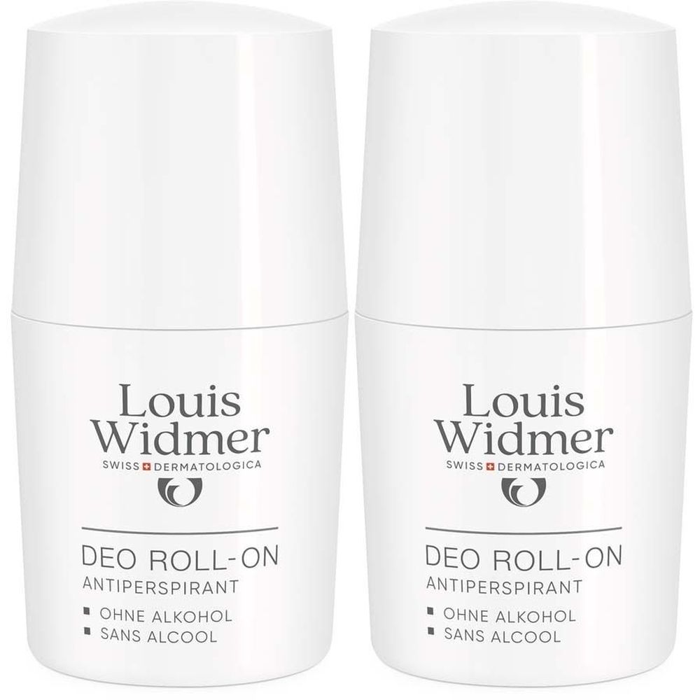 Zwei weiße Deo Roll-on Flaschen. Aufschrift: Louis Widmer, Deo Roll-on, ohne Alkohol. Schweizer Dermatologica.