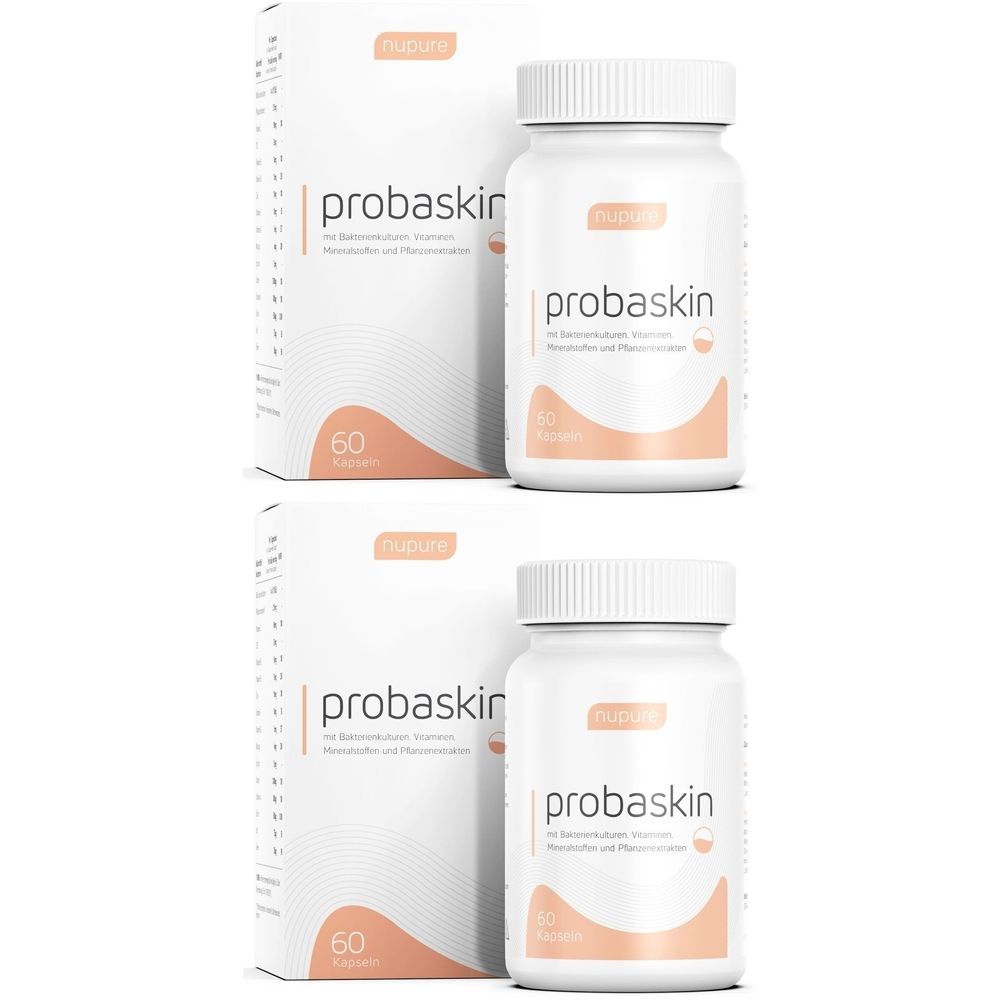 Zwei weiße Pillendosen und zwei Kartons mit der Aufschrift "probaskin". Auf den Dosen und Kartons ist die Marke "nupure" zu sehen. Aufschrift "60 Kapseln".