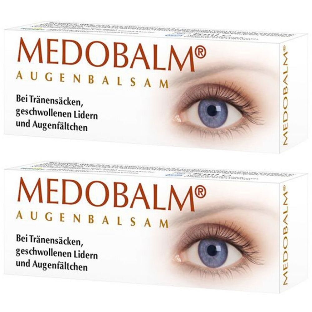 Zwei weiße Schachteln mit dem Produktnamen MEDOBALM® und dem Wort AUGENBALSAM. Aufgedruckt ist ein blaues Auge und Text.