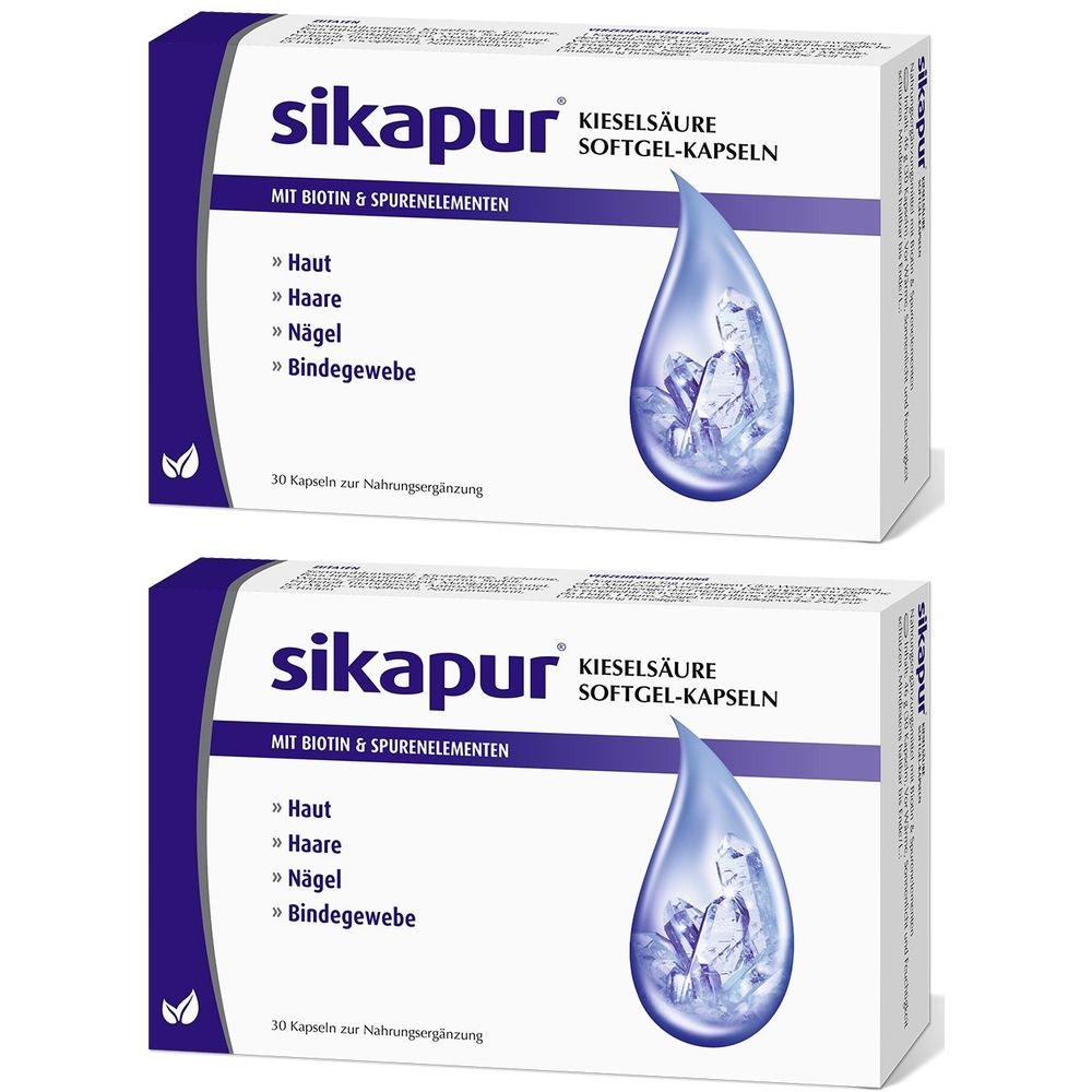 Zwei Schachteln sikapur® Kieselsäure Softgel-Kapseln. Weiße Verpackung mit blauem Logo und Tropfen-Illustration. Text: Haut, Haare, Nägel, Bindegewebe.