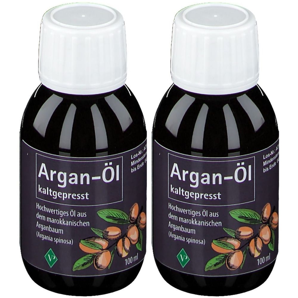 Zwei Flaschen Argan-Öl, kaltgepresst. Schwarze Flaschen mit weißem Deckel und Etikett mit Produktinformationen und Illustrationen.