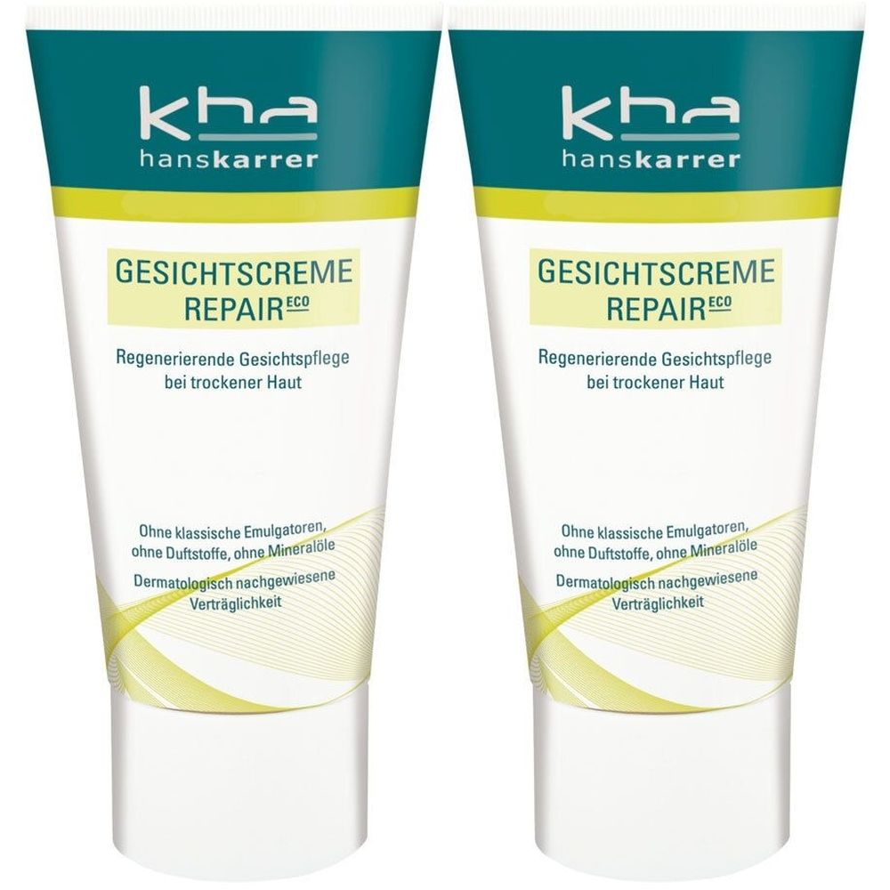Zwei Tuben HANS KARRER Gesichtscreme Repair Eco. Weiße Tuben mit grüner und gelber Beschriftung. Text: Regenerierende Gesichtspflege bei trockener Haut.