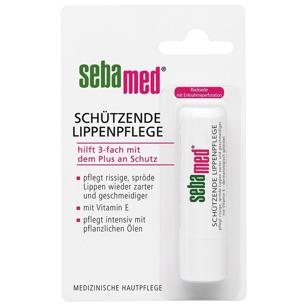 Sebamed Lippenpflege in Blisterverpackung. Weißer Lippenpflegestift. Text: Schützende Lippenpflege, mit Vitamin E.