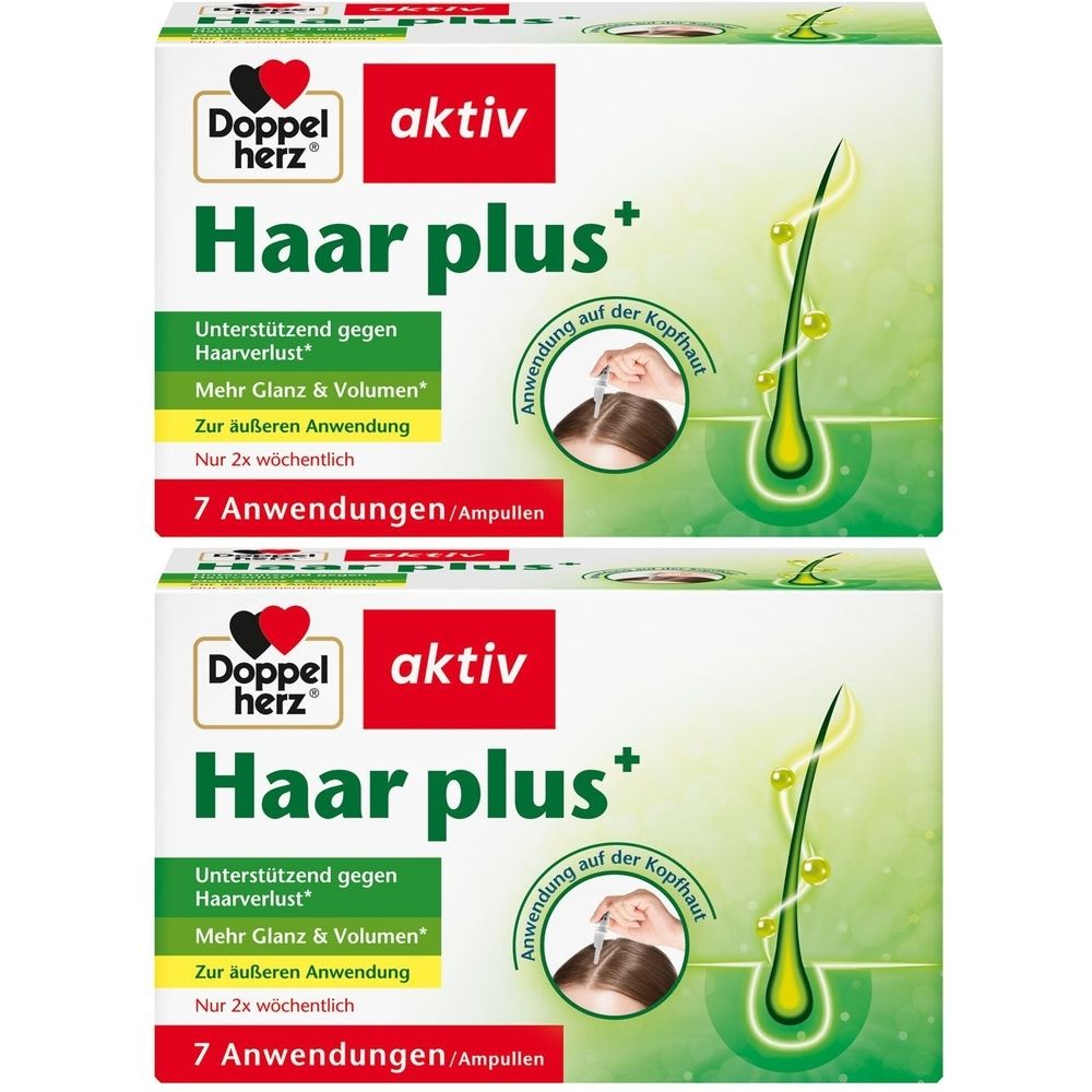 Zwei Packungen Doppelherz aktiv Haar plus+. Aufschrift: Haar plus+, 7 Anwendungen/Ampullen. Abbildung: Anwendung auf der Kopfhaut.