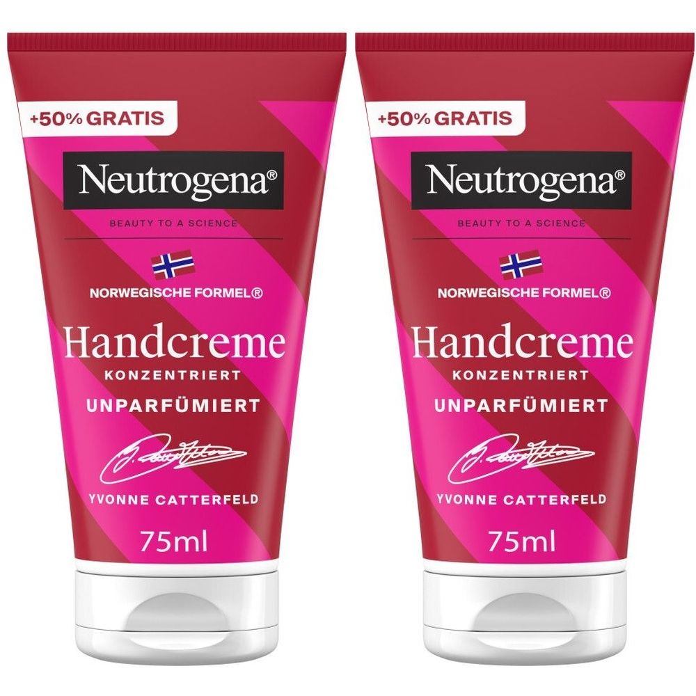 Zwei Tuben Handcreme. Rote und pinke Verpackung mit weißer Schrift. Enthält „+50% GRATIS“. Marke: Neutrogena. Text: Handcreme, 75ml.