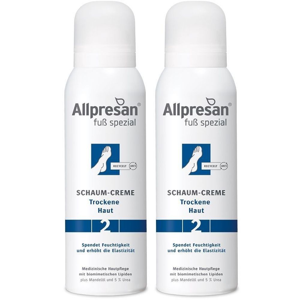 Zwei weiße Sprühflaschen mit Produktinformationen. Aufschrift: Allpresan Fuß spezial, Schaum-Creme, Trockene Haut, Nr. 2.