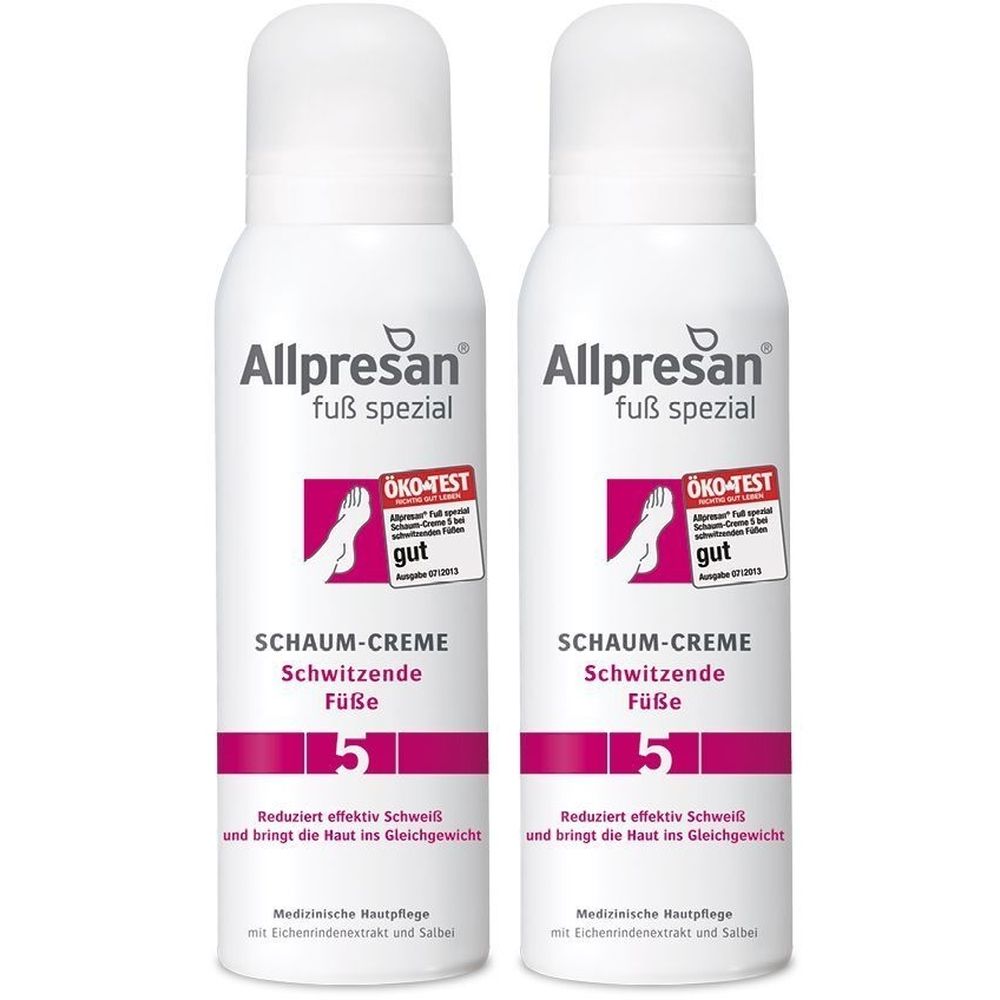 Zwei weiße Sprühflaschen mit Allpresan-Logo und Produktbezeichnung. Aufschrift: Schaum-Creme, Nr. 5. Mit Öko-Test-Siegel.