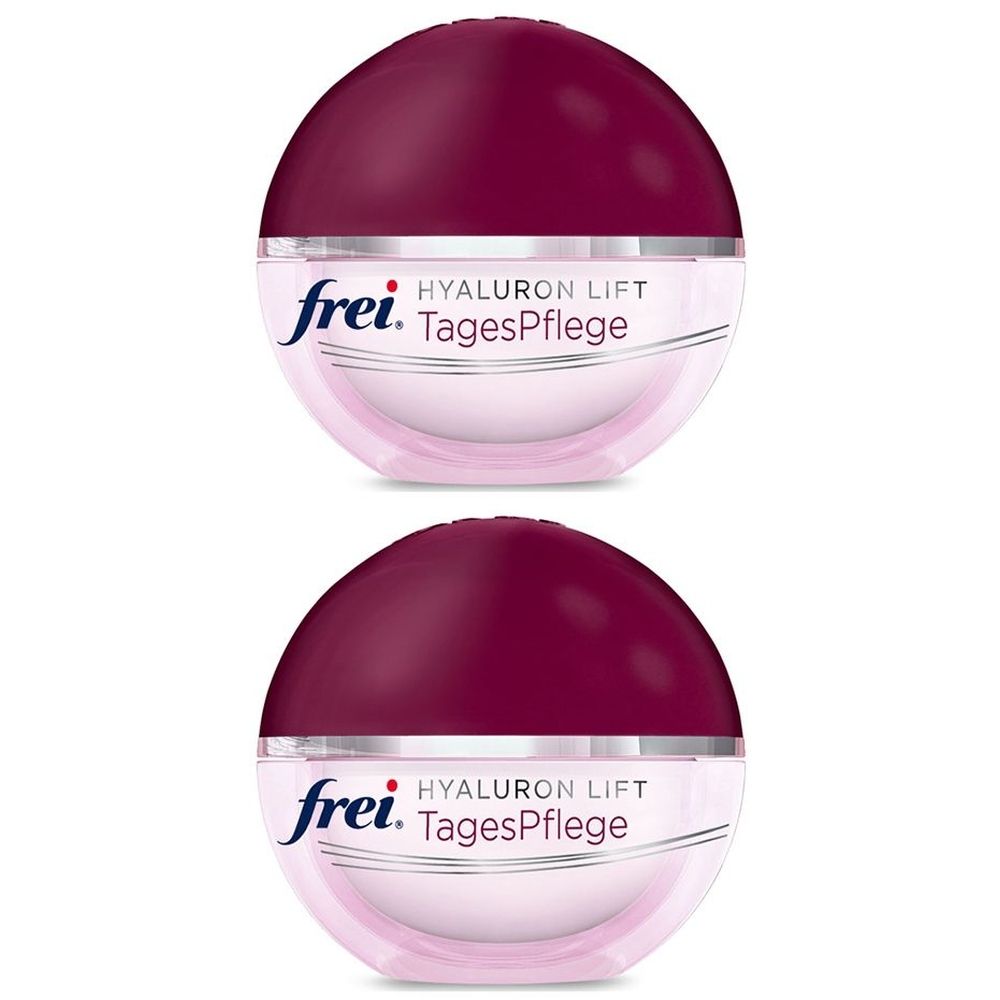 Zwei runde Tiegel mit bordeauxfarbenen Deckeln. Auf den Tiegeln steht "frei. HYALURON LIFT TagesPflege".