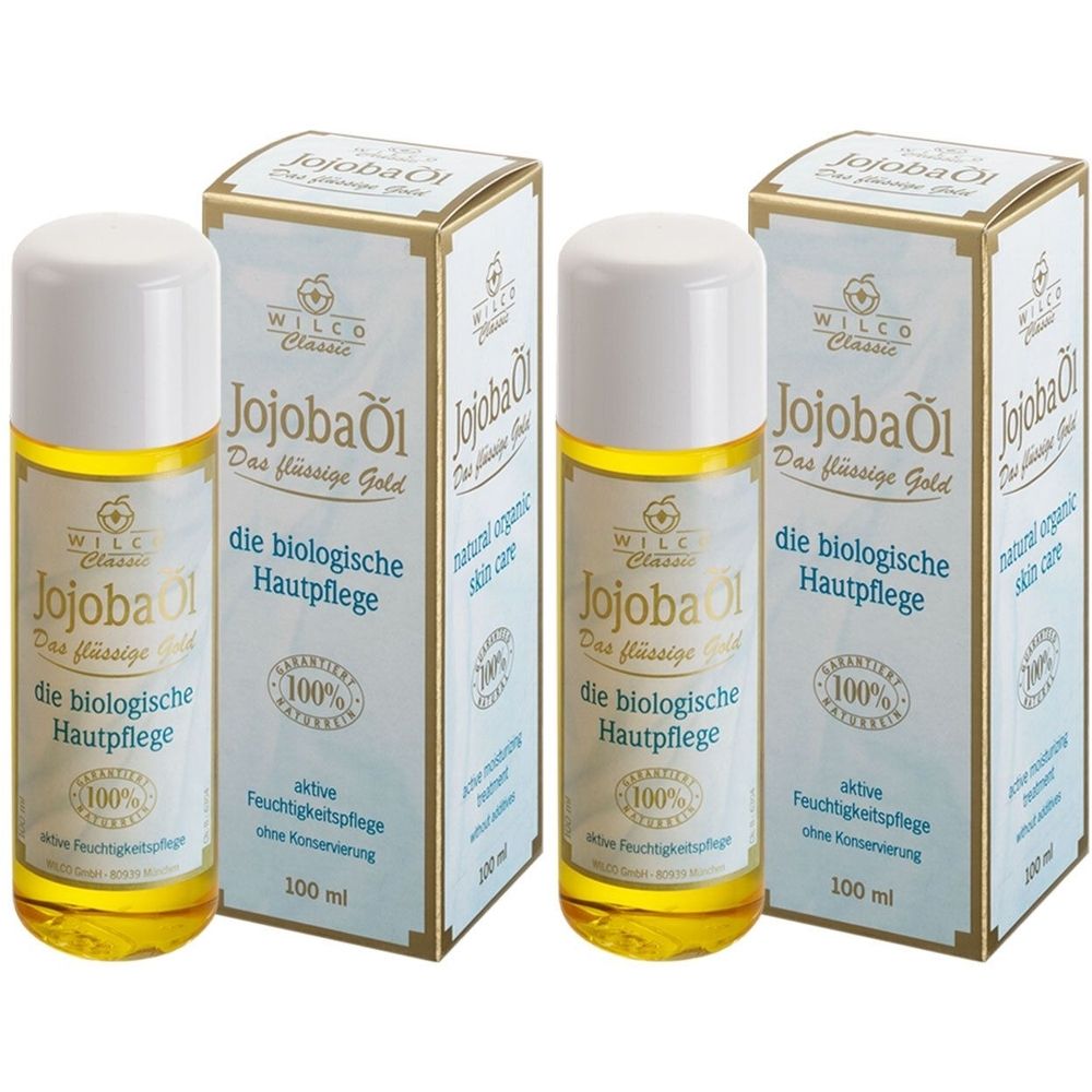 Zwei Flaschen Jojobaöl mit weißen Deckeln und Kartons. Auf den Kartons steht "Jojobaöl" und "die biologische Hautpflege".