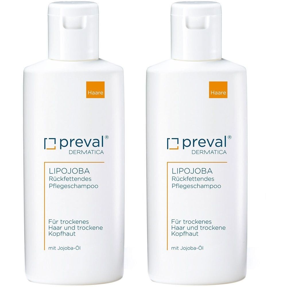 Zwei weiße Flaschen mit Klappdeckel. Aufschrift: preval DERMATICA LIPOJOBA Rückfettendes Pflegeshampoo. Für trockenes Haar und trockene Kopfhaut.