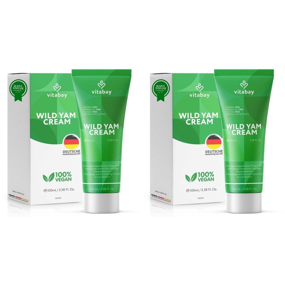 Mehrere Tuben und Verpackungen mit grüner Aufschrift. Auf den Tuben steht "WILD YAM CREAM". Auf den Verpackungen steht "vitabay".