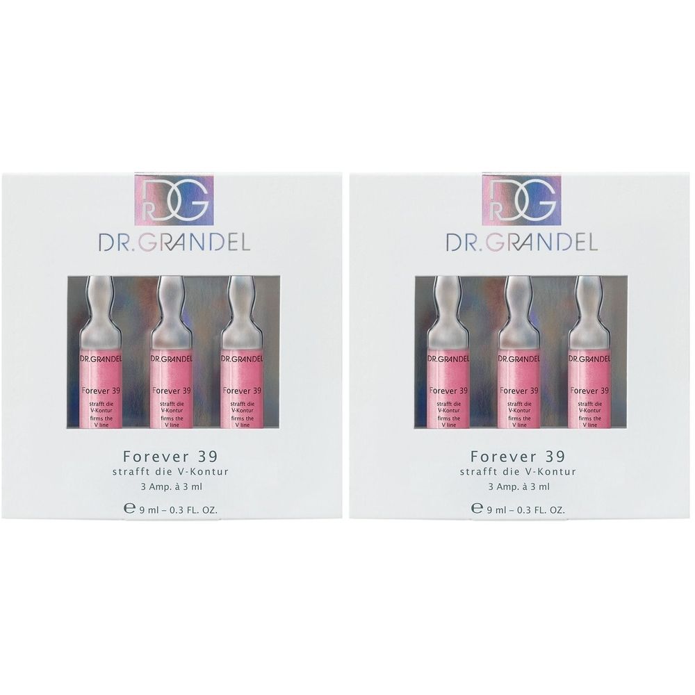 Zwei Produktverpackungen mit je drei Ampullen. Aufschrift: Dr. Grandel, Forever 39. Weiße Verpackung mit rosa Ampullen.