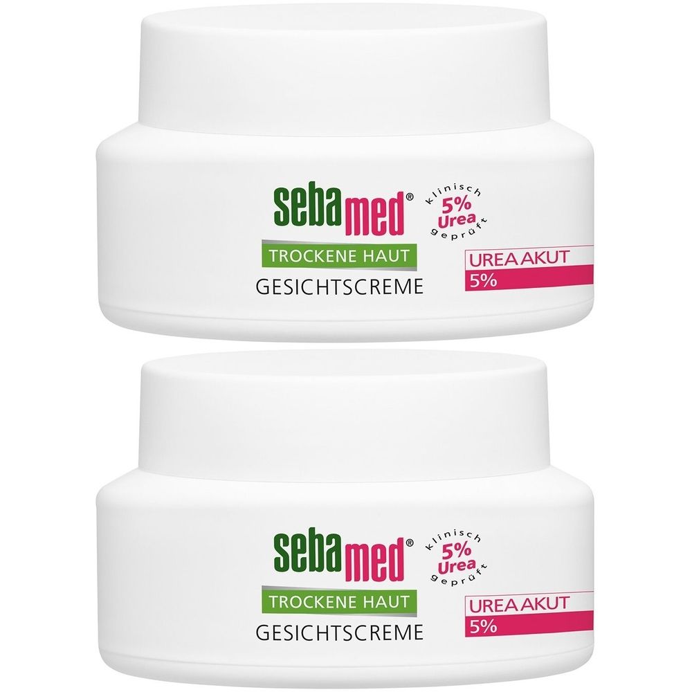 Zwei weiße Tiegel mit Deckel. Aufschrift: sebamed, Trockene Haut Gesichtscreme, Urea Akut 5%.