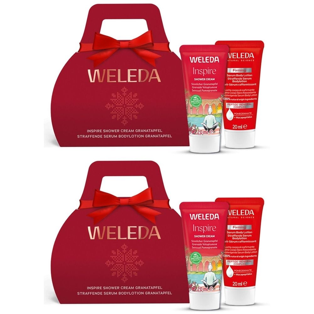Geschenkset mit roter Verpackung, Schleife und Griff. Enthält zwei Tuben und eine Tube mit Aufschrift Weleda Inspire.