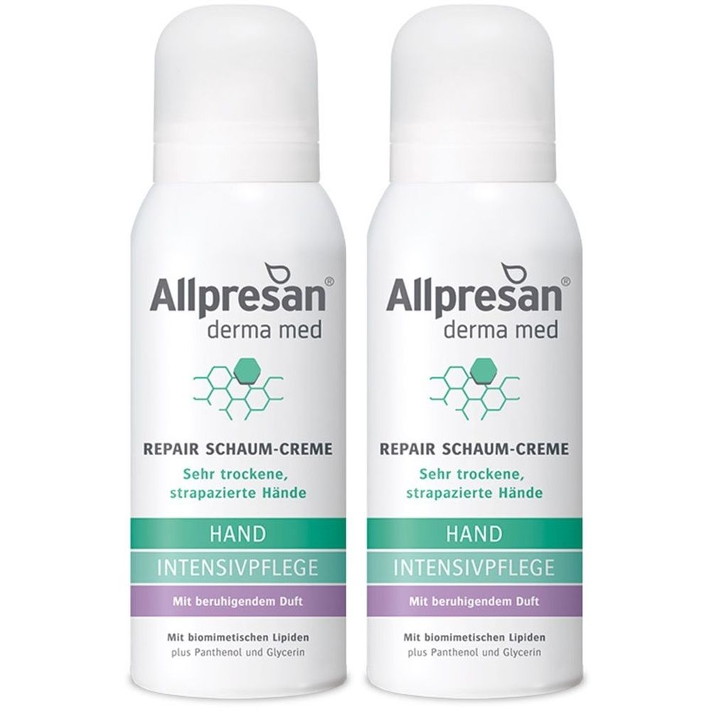 Zwei weiße Sprühflaschen mit der Aufschrift Allpresan derma med. Text: Repair Schaum-Creme, Hand Intensivpflege.