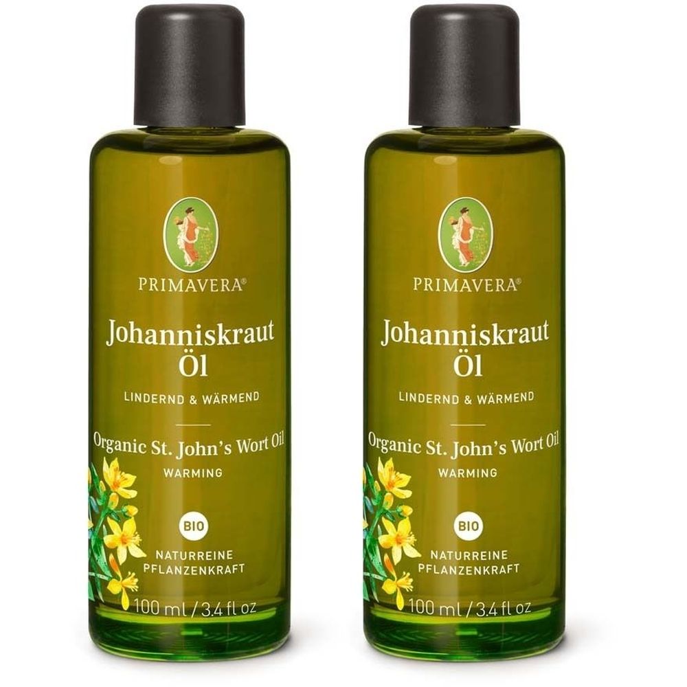 Zwei grüne Glasflaschen mit schwarzem Deckel. Aufschrift: PRIMAVERA Johanniskraut Öl. Bio-Zertifizierung. 100 ml.