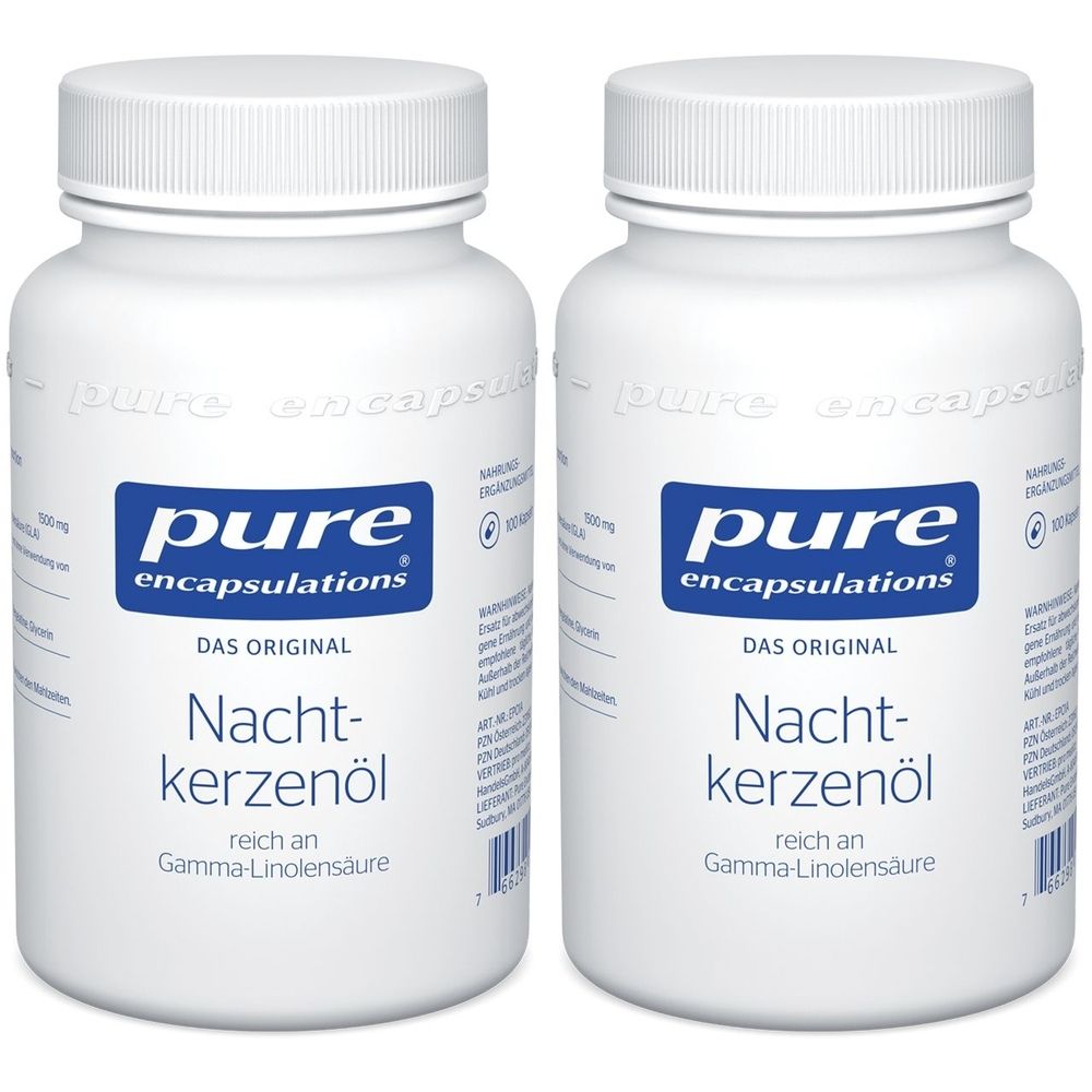 Zwei weiße Flaschen mit blauen Etiketten. Aufschrift: Pure Encapsulations Nachtkerzenöl. Kapseln.