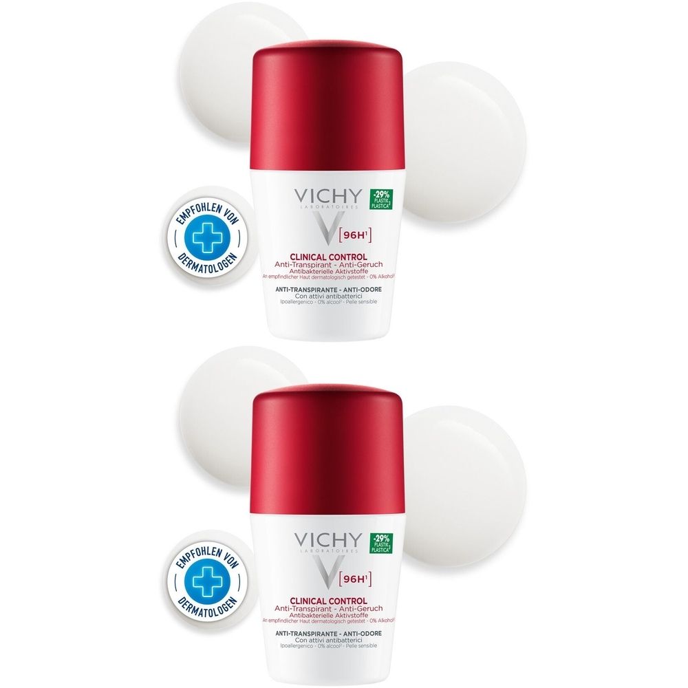 Zwei Roll-On-Deodorants mit rotem Deckel und weißem Behälter. Text: VICHY, CLINICAL CONTROL, 96H. Siegel: Empfohlen für Dermatologen.
