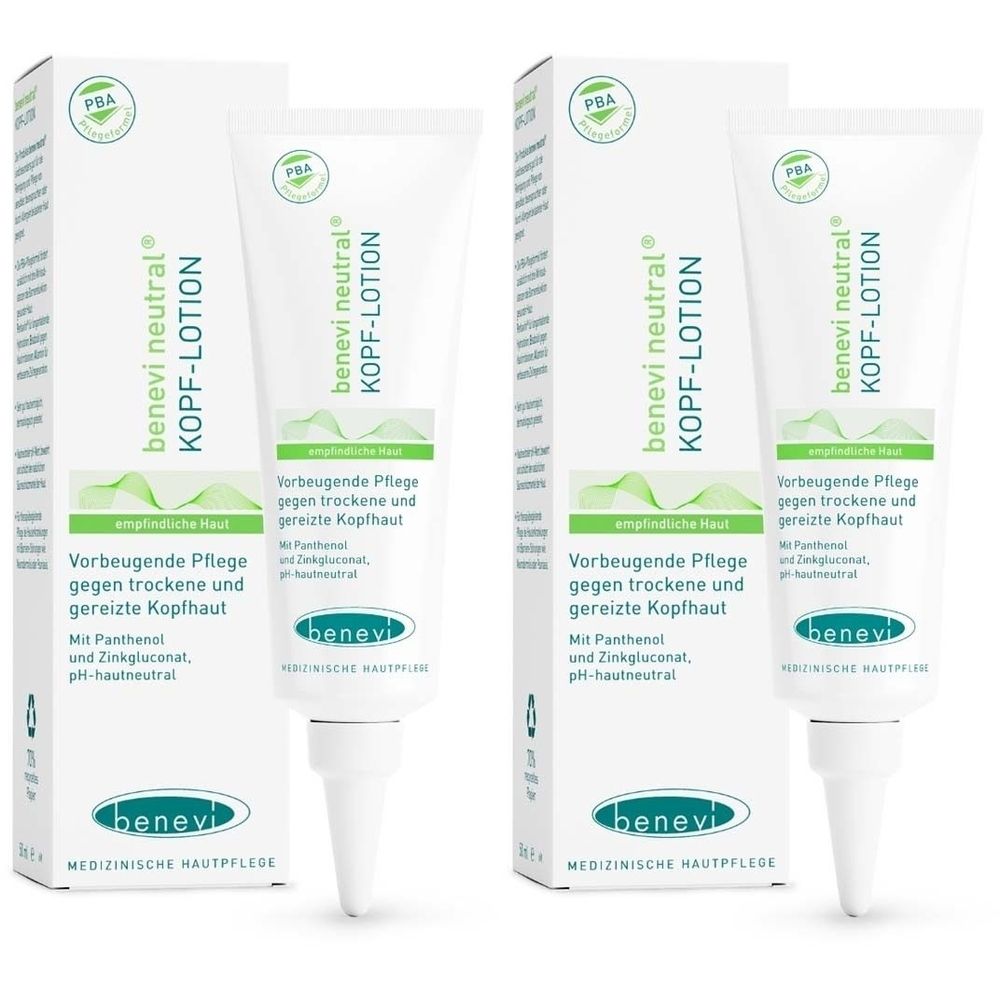 Zwei Tuben und Schachteln. Auf den Tuben steht "benevi neutral Kopf-Lotion". Die Schachteln zeigen das Logo und Text.