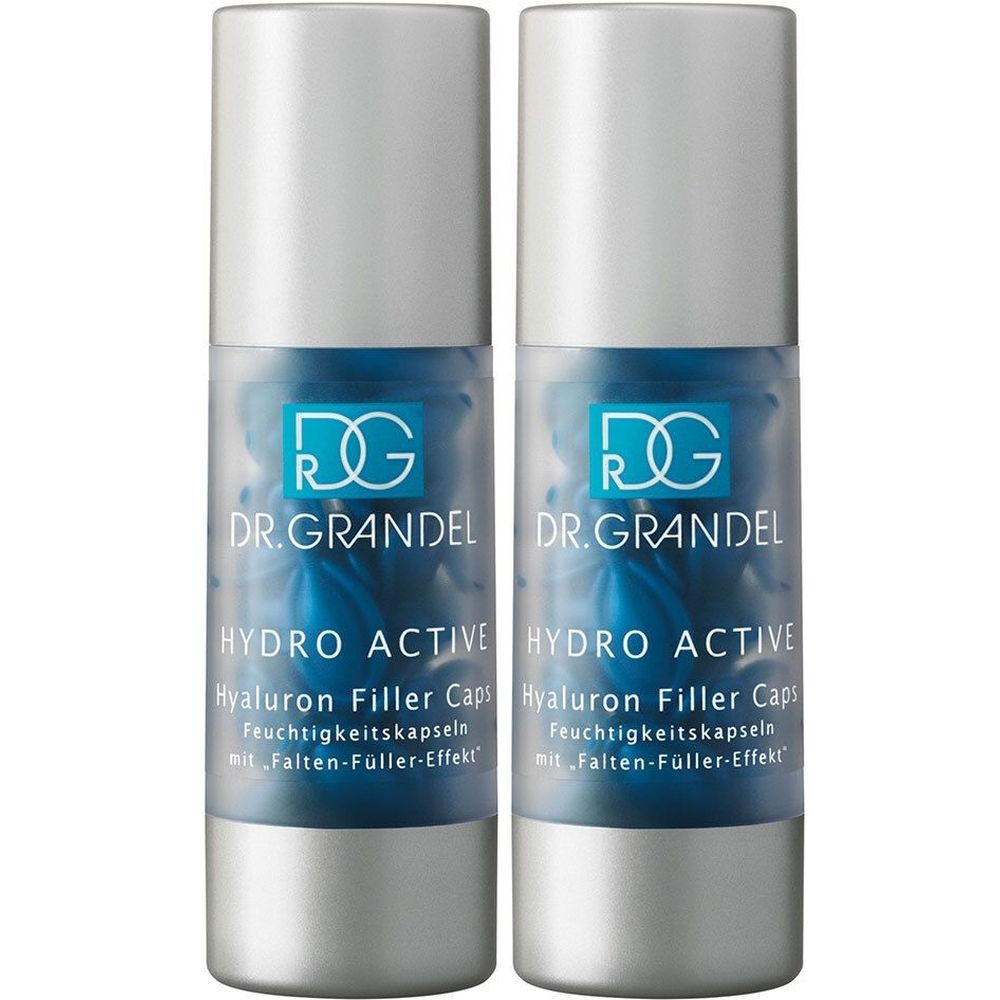 Zwei Flakons mit silbernen Kappen. Aufschrift: DR. GRANDEL, HYDRO ACTIVE, Hyaluron Filler Caps. Blaue Flüssigkeit sichtbar.