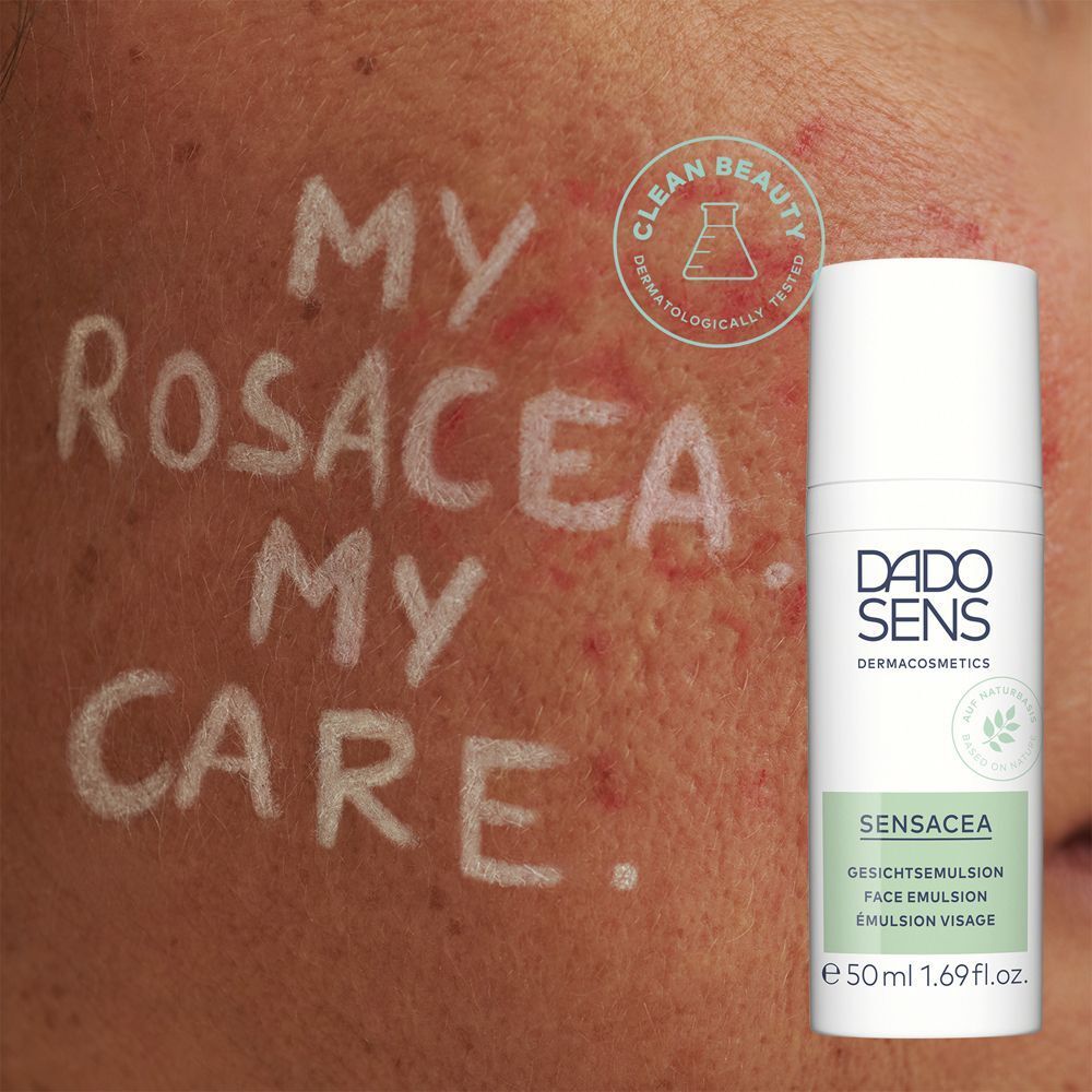 Haut mit Rosacea, beschriftet mit 'MY ROSACEA MY CARE'.
