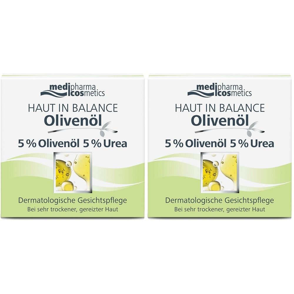 Zwei quadratische Faltschachteln. Aufschrift: medipharma cosmetics, Olivenöl Haut in Balance, 5% Olivenöl 5% Urea. Dermatologische Gesichtspflege.