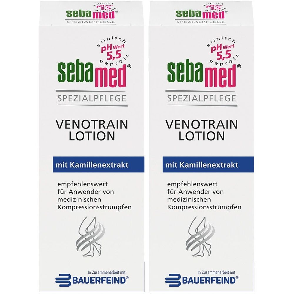 Zwei weiße Kartons mit Produktaufdruck. Schriftzug: sebamed, VenoTrain Lotion, mit Kamillenextrakt. Empfehlenswert für Anwender von Kompressionsstrümpfen.