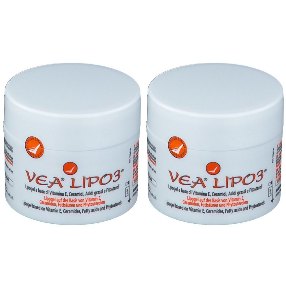 Zwei weiße Tiegel mit Deckel. Aufschrift: VEA LIPO3. Darunter Text in italienischer, deutscher und englischer Sprache.