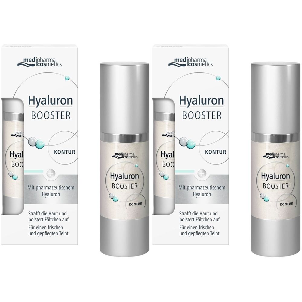 Drei Flakons und Verpackungen von medipharma cosmetics Hyaluron Booster Kontur. Weiß-silberne Verpackung mit Produktnamen und Text.