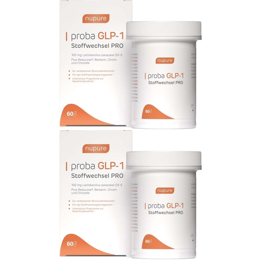 Zwei weiße Dosen und zwei Schachteln. Aufschrift: nupure proba GLP-1 Stoffwechsel PRO. 60 Kapseln.