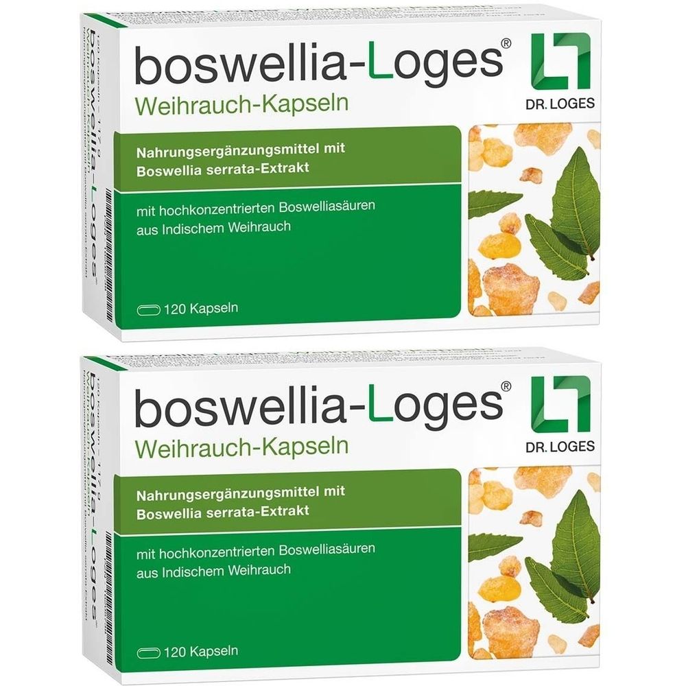 Zwei Packungen boswellia-Loges Weihrauch-Kapseln. Weiße Schachteln mit grünen Akzenten und Produktinformationen. 120 Kapseln.